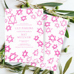 Waterverf Fun Pink Star van David Bar Bat Mitzvah Kaart<br><div class="desc">Perfecte leuke kaart om een vleermuis mitswa, bar mitswa of andere joodse viering aan te kondigen! Hand gemaakte waterverf kunst voor u aan de voor- en achterkant! VOLLEDIG ! Klik op "Personaliseren" hierboven om de tekst te bewerken. Klik op "bewerken met behulp van design tool" om de lettertypen, kleuren en...</div>