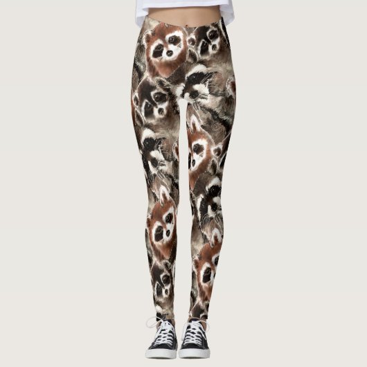 Waterverf Fun Raccoon Familie Leuke Dierlijke Kuns Leggings (Voorkant)