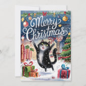 Waterverf Funny Black Cat Merry Christmas Kaart (Voorkant)