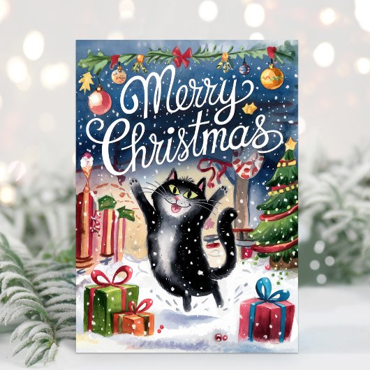Waterverf Funny Black Cat Merry Christmas Kaart