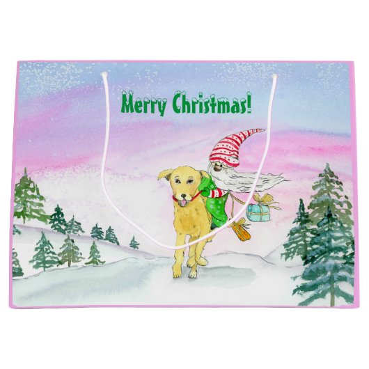 Waterverf Funny Labrador en Gnome Kerstmis Groot Cadeauzakje (Voorkant)
