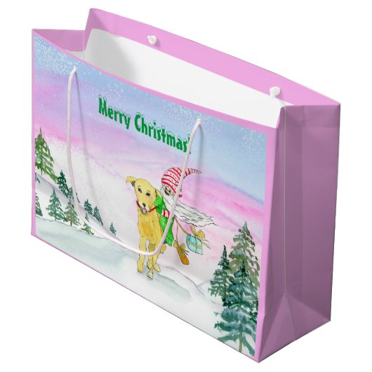 Waterverf Funny Labrador en Gnome Kerstmis Groot Cadeauzakje (Voorkant Gekanteld)