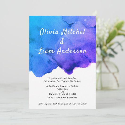 Waterverf Galaxy Blue en Paarse bruiloft Kaart (Staand voorkant)