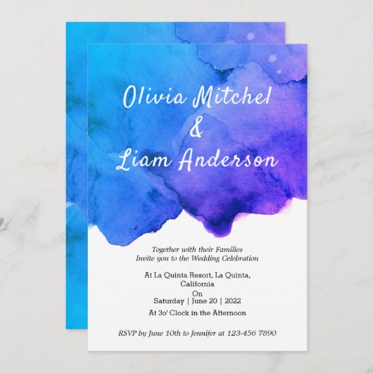 Waterverf Galaxy Blue en Paarse bruiloft Kaart (Voorkant / Achterkant)