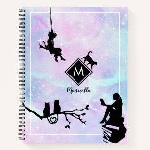 Waterverf Galaxy Cat and Girls Monogram notebook Notitieboek