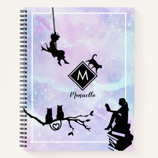 Waterverf Galaxy Cat and Girls Monogram notebook Notitieboek (Voorkant)