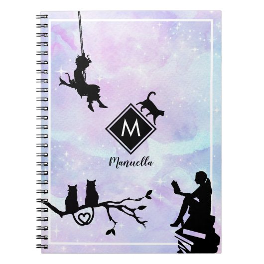 Waterverf Galaxy Cat and Girls Monogram Notitieboek (Voorkant)