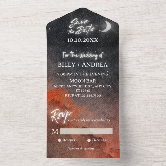 Waterverf Galaxy maanlicht bruiloft All In One Uitnodiging (Binnen)