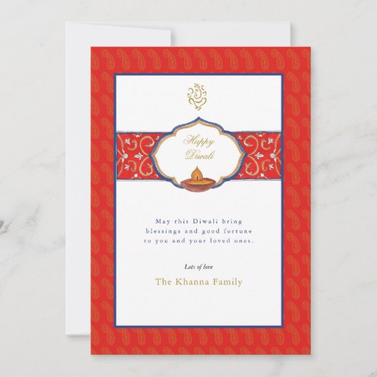 Waterverf Ganesh en Diya Diwali Groeten Feestdagenkaart (Voorkant)