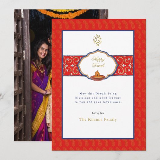 Waterverf Ganesh en Diya Diwali Groeten Feestdagenkaart (Voorkant / Achterkant)