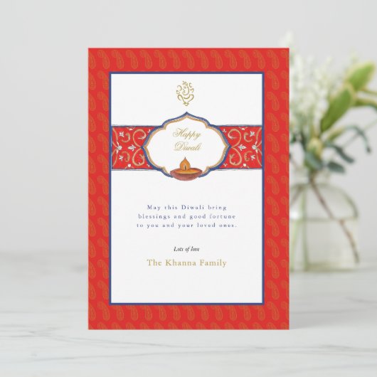 Waterverf Ganesh en Diya Diwali Groeten Feestdagenkaart (Staand voorkant)
