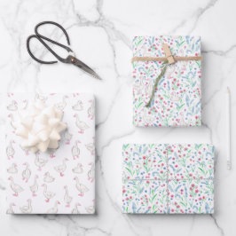 Waterverf Ganzen en Wilde Bloemen Inpakpapier Vel