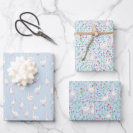 Waterverf Ganzen en Wilde Bloemen Inpakpapier Vel