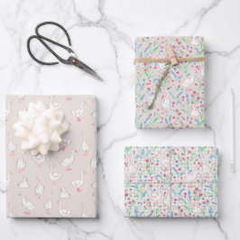 Waterverf Ganzen en Wilde Bloemen Inpakpapier Vel