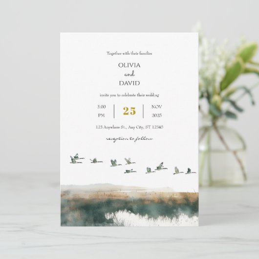 Waterverf Ganzen Kust Twilight Beach bruiloft Kaart (Staand voorkant)