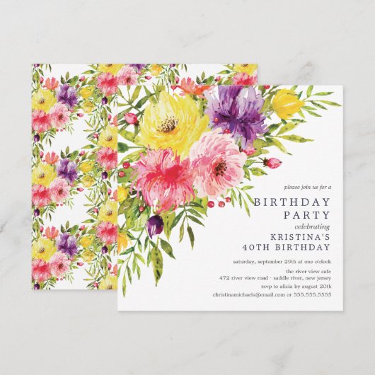 Waterverf Garden Floral Birthday Party Invitation Kaart (Voorkant / Achterkant)