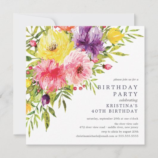 Waterverf Garden Floral Birthday Party Invitation Kaart (Voorkant)