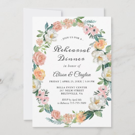 Waterverf Garden Floral Krans repetitie diner Kaart (Voorkant)