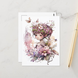 Waterverf Garden Girl - Roze Bloemen Briefkaart