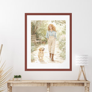 Waterverf Garden Walk met Dog Cottagecore Poster