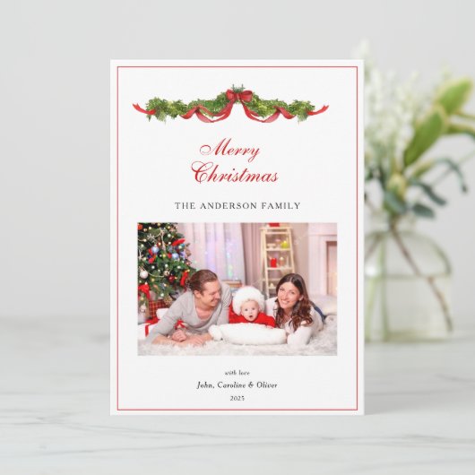 Waterverf Garland en boog Foto Kerst Feestdagenkaart (Staand voorkant)