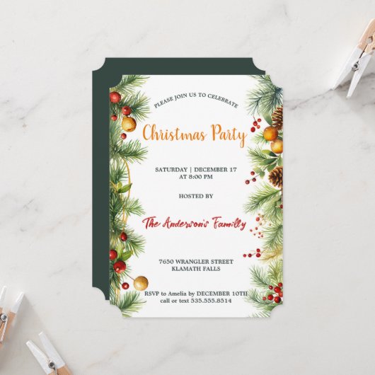 Waterverf Garland Pine & Berries Kerstfeest Kaart (Voorkant / Achterkant in situ)