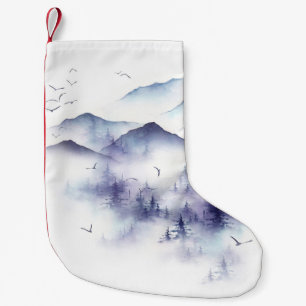 Waterverf gebergte, winterlandschap illustratie kleine kerstsok