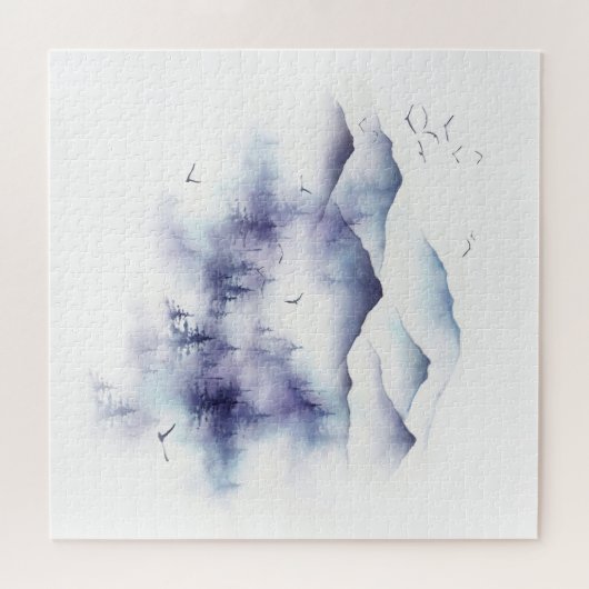 Waterverf gebergte, winterlandschap illustratie legpuzzel (Horizontaal)