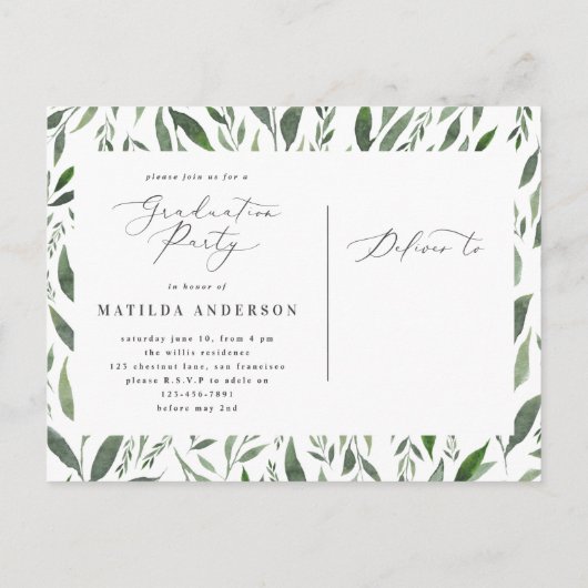 waterverf gebladerte afstuderen aankondiging/uitno aankondigingskaart (Achterkant)