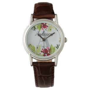 Waterverf gebladerte bloemen initiaal monogram horloge
