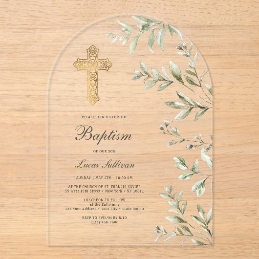 Waterverf gebladerte boogdoop acryl uitnodigingen (Voorkant)