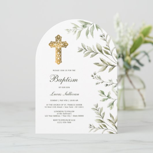 Waterverf gebladerte boogdoop kaart (Staand voorkant)