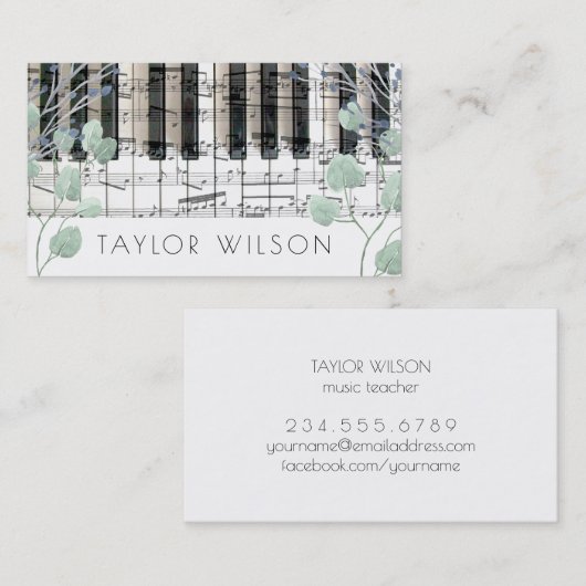 waterverf gebladerte decor pianist muziekleraar visitekaartje (Voorkant / Achterkant)