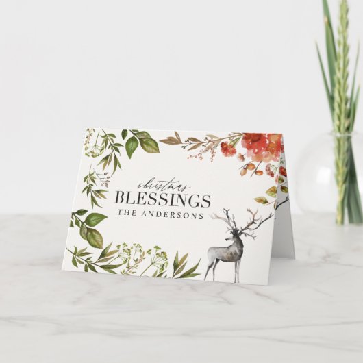 Waterverf gebladerte hert foto kerst kaart (Voorkant)