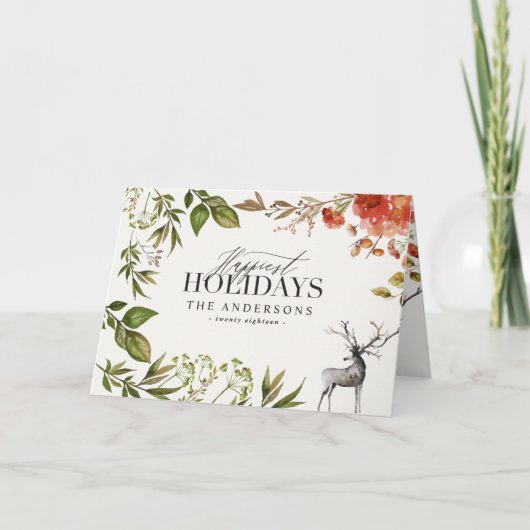Waterverf gebladerte hert foto kerst kaart (Voorkant)