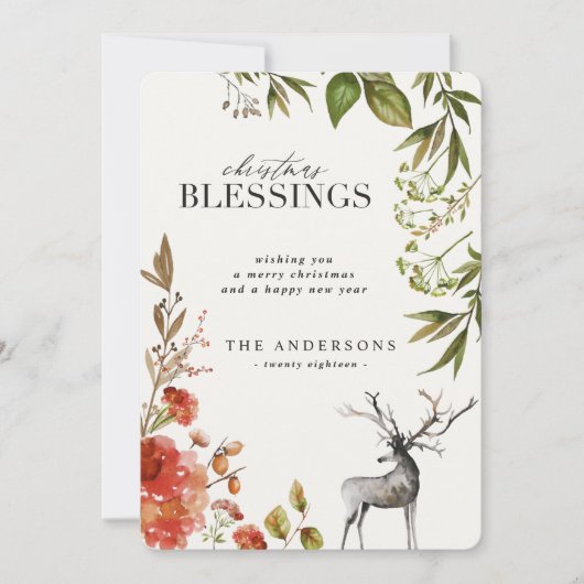 Waterverf gebladerte hert kerstkaart. feestdagenkaart (Voorkant)