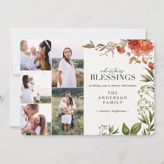 Waterverf gebladerte hert multi foto kerst feestdagenkaart (Voorkant)