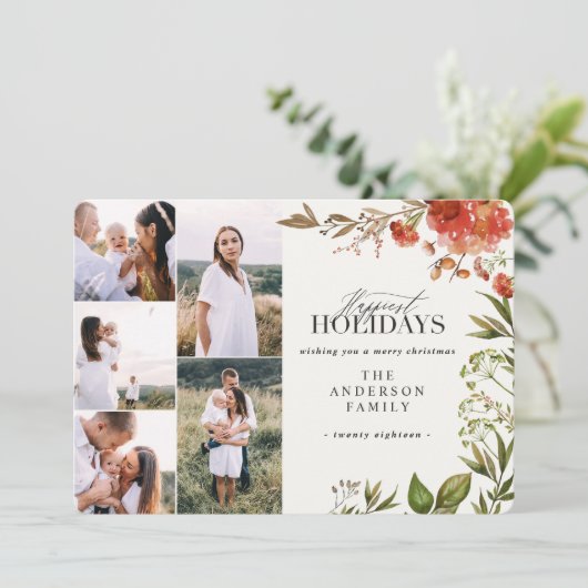 Waterverf gebladerte hert multi foto kerst feestdagenkaart (Staand voorkant)