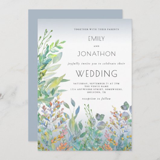 Waterverf gebladerte Zee Glass Dusty Blue Wedding Kaart (Voorkant / Achterkant)