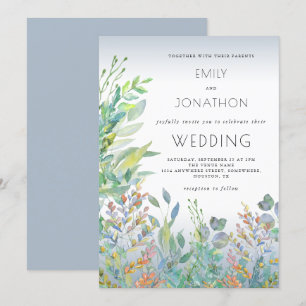Waterverf gebladerte Zee Glass Dusty Blue Wedding Kaart
