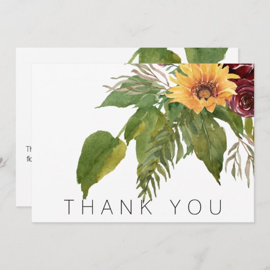 Waterverf gebladerte zonnebloem begrafenis dank u bedankkaart (Voorkant / Achterkant)
