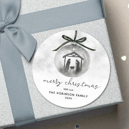 Waterverf Geboorte Grijs Ornament Vrolijk Kerstfee Ronde Sticker