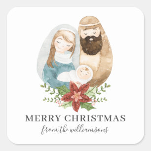 Waterverf Geboorte  Kerstmis   Naam Vierkante Sticker