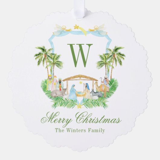 Waterverf Geboorte Monogram Crest Kerstmis Ornament Kaart (Voorkant)