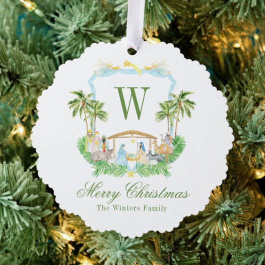 Waterverf Geboorte Monogram Crest Kerstmis Ornament Kaart (Insitu (Drie))
