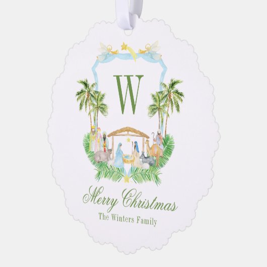 Waterverf Geboorte Monogram Crest Kerstmis Ornament Kaart (Links)