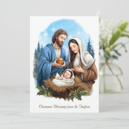 Waterverf Geboorte Scène Religieuze Kerstmis Feestdagenkaart (Staand voorkant)