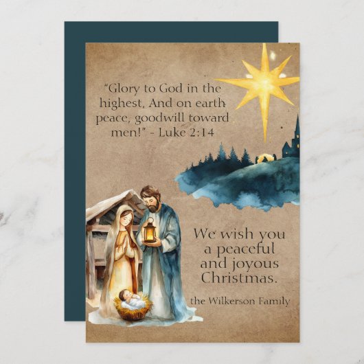 Waterverf Geboorteplaats Gebedsparchment Feestdagenkaart (Voorkant / Achterkant)