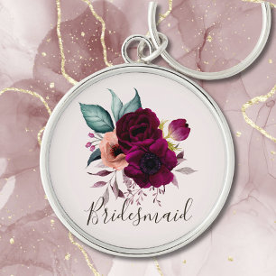 Waterverf Geborduurde Vintage Boho Paarse Bloemen Sleutelhanger