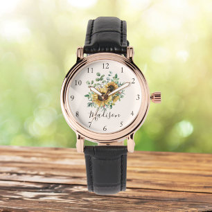 Waterverf Geborduurde Vintage Landelijke Zonnebloe Horloge